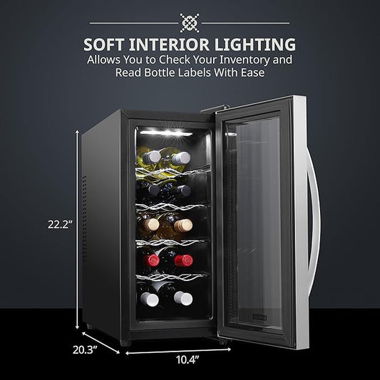 Wine cooler with open door showing bottles, dimensions labeled, and text about soft interior lighting.