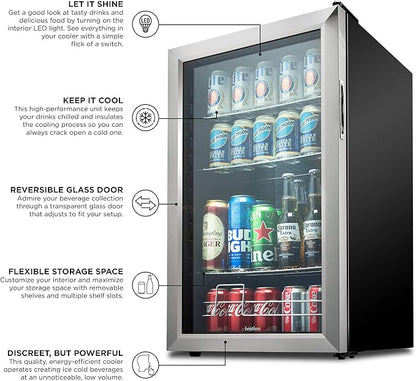 Ivation 126 Can Beverage Refrigerator | Freestanding Ultra Cool Mini Drink Fridge | Beer, Cocktails, Soda, Juice Cooler for Home & Office | Reversible Glass Door & Adjustable Shelving, Stainless Steel