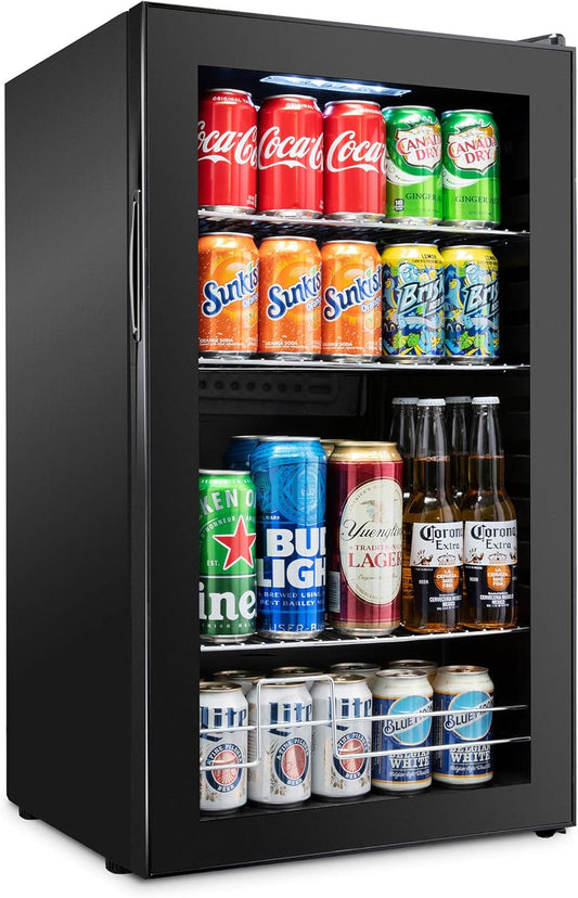 Ivation 126 Can Beverage Refrigerator | Freestanding Ultra Cool Mini Drink Fridge | Beer, Cocktails, Soda, Juice Cooler for Home & Office | Reversible Glass Door & Adjustable Shelving - Black