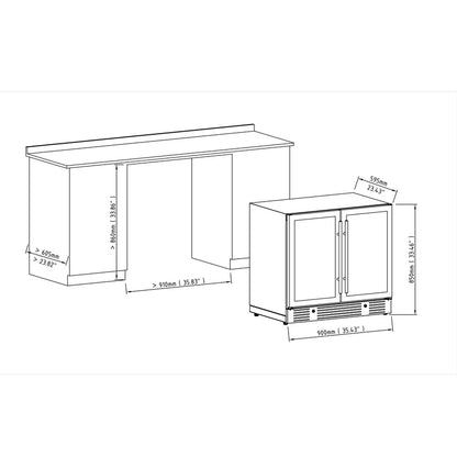 36-inch Under Bench Dual-Zone 68 Bottle Wine Cooler with Low-E Glass Door