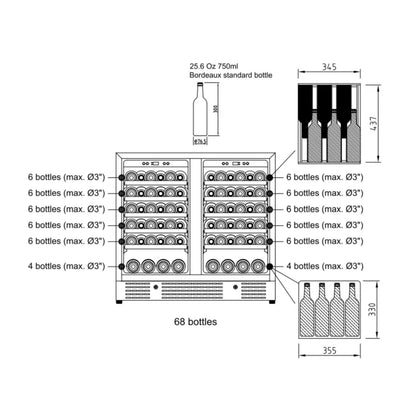 36-inch Under Bench Dual-Zone 68 Bottle Wine Cooler with Low-E Glass Door