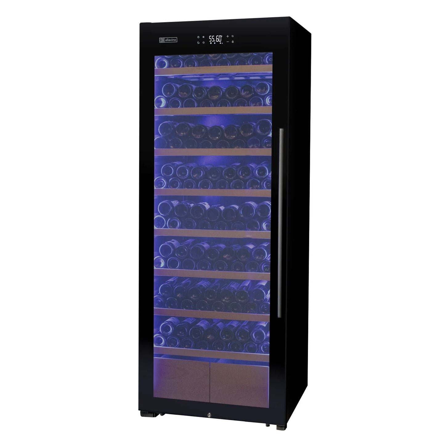 29" Wide 248 Bottle Single Zone Black Glass Left Hinge Wine Refrigerator with Display Shelving