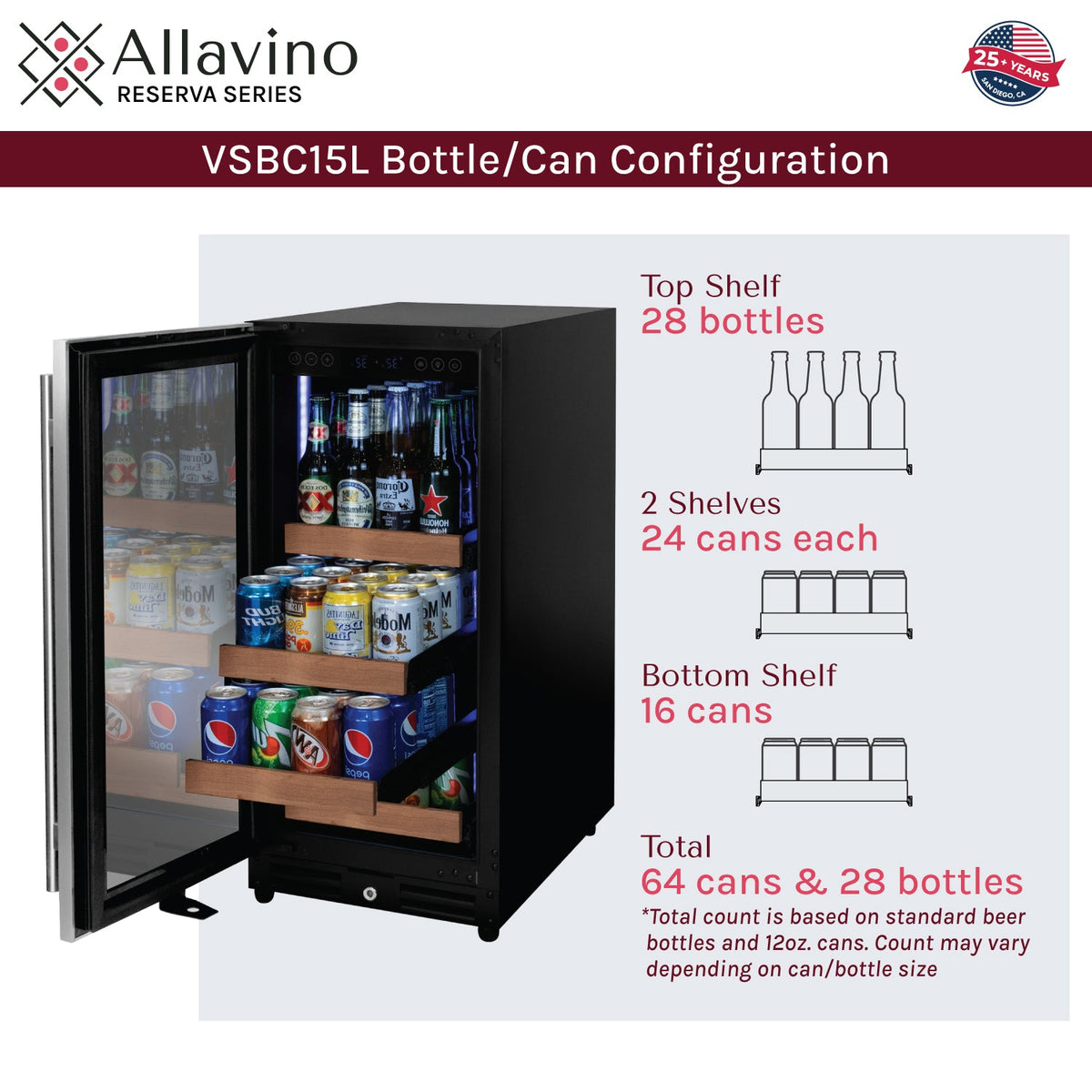 Allavino Reserva 15" Wide Built-In Beverage Center, Stainless Steel Door, Left Hinge