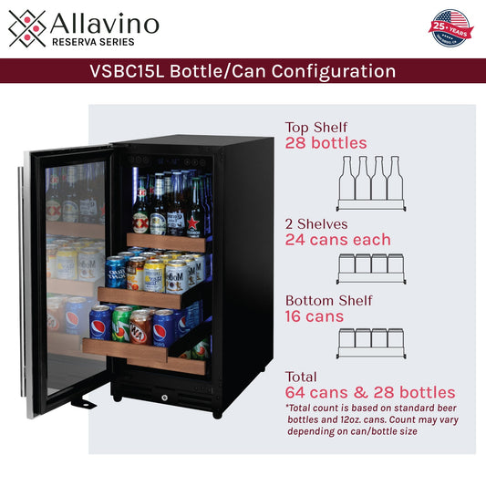 Allavino Reserva 15" Wide Built-In Beverage Center, Stainless Steel Door, Left Hinge