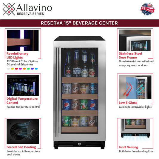 Allavino Reserva 15" Wide Built-In Beverage Center, Stainless Steel Door, Right Hinge