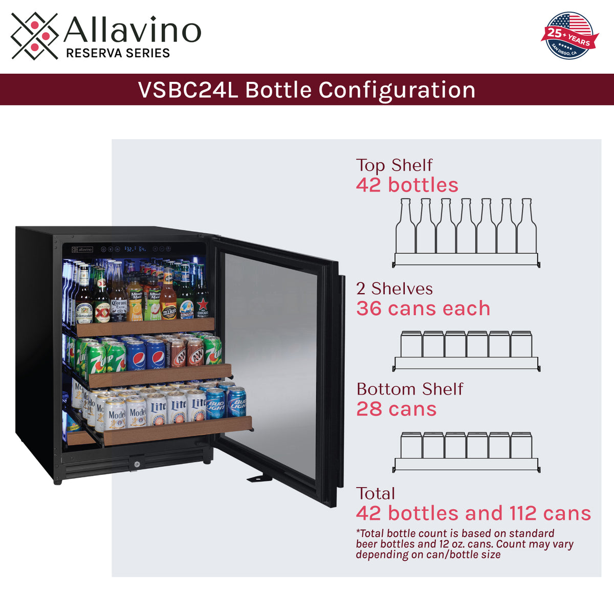 Allavino Reserva 24" Wide Built-In Beverage Center, Black Door, Right Hinge