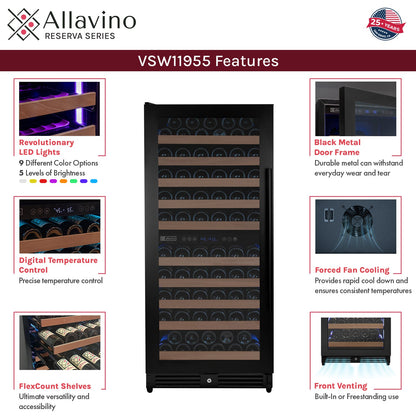 Allavino Reserva 119 Bottle 55" Semi Tall Dual Zone Built-In Wine Refrigerator, Black Metal Door, Left Hinge