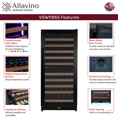 Allavino Reserva 119 Bottle 55" Semi Tall Dual Zone Built-In Wine Refrigerator, Black Metal Door, Right Hinge