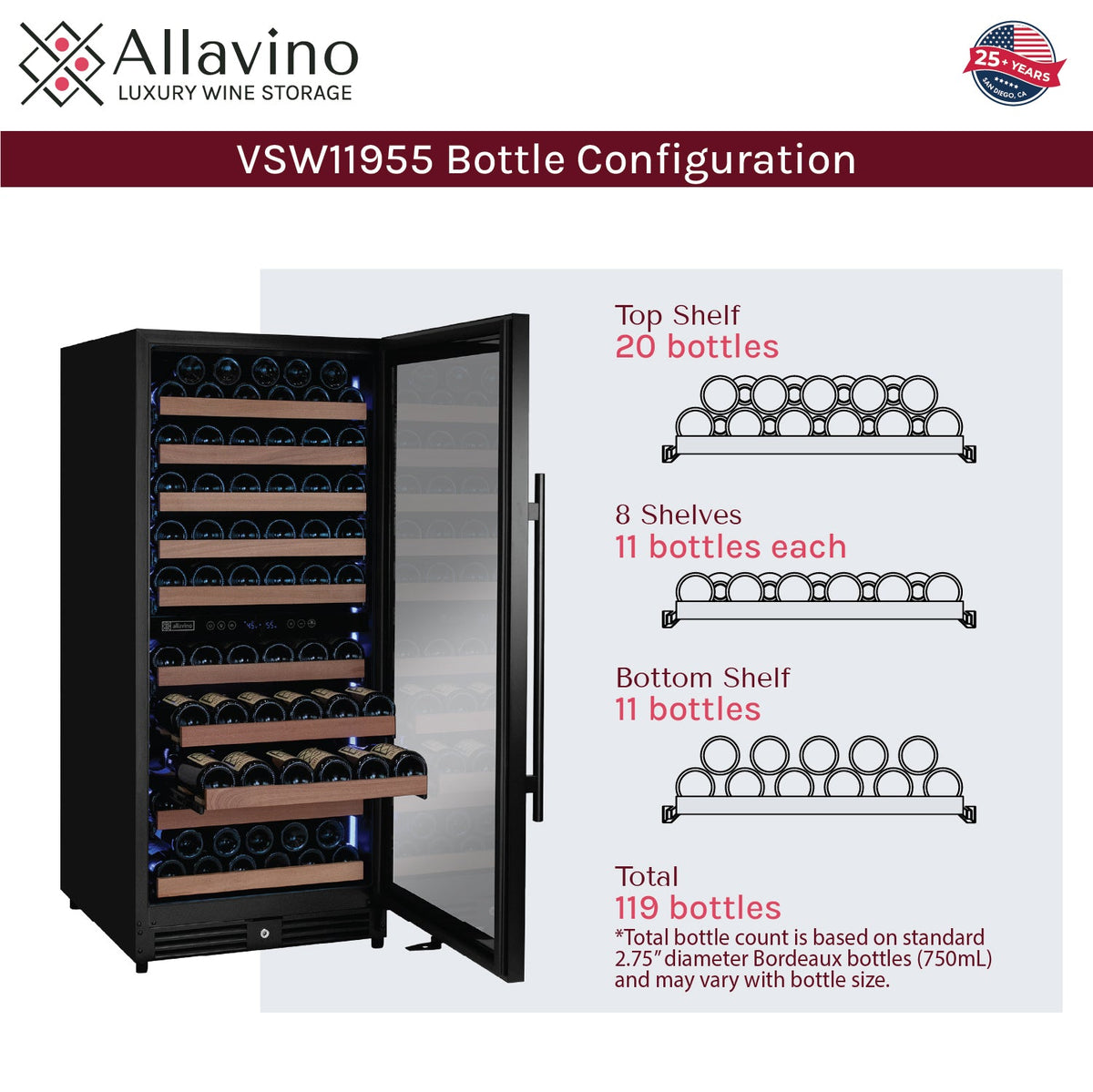 Allavino Reserva 119 Bottle 55" Semi Tall Dual Zone Built-In Wine Refrigerator, Black Metal Door, Right Hinge
