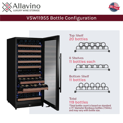 Allavino Reserva 119 Bottle 55" Semi Tall Dual Zone Built-In Wine Refrigerator, Black Metal Door, Right Hinge