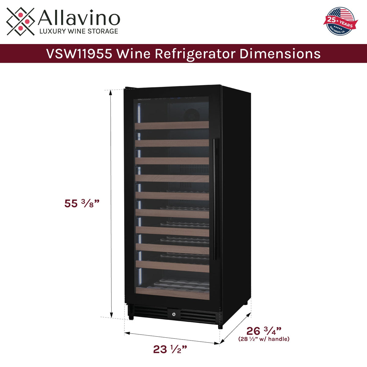 Allavino Reserva 119 Bottle 55" Semi Tall Single Zone Built-In Wine Refrigerator, Black Metal Door, Left Hinge