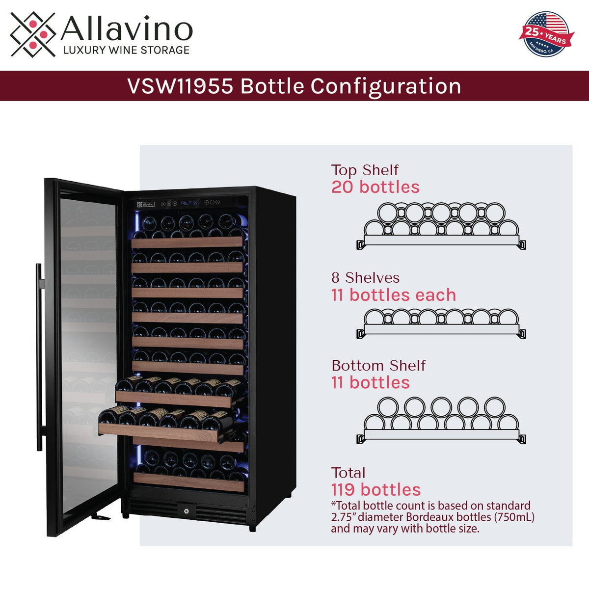 Allavino Reserva 119 Bottle 55" Semi Tall Single Zone Built-In Wine Refrigerator, Black Metal Door, Left Hinge