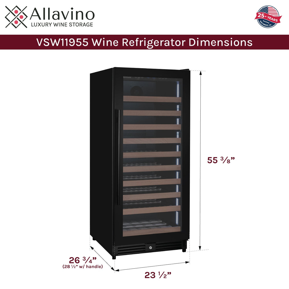 Allavino Reserva 119 Bottle 55" Semi Tall Single Zone Built-In Wine Refrigerator, Black Metal Door, Right Hinge