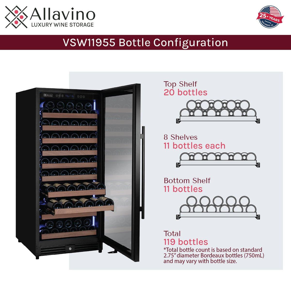 Allavino Reserva 119 Bottle 55" Semi Tall Single Zone Built-In Wine Refrigerator, Black Metal Door, Right Hinge