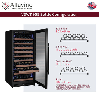 Allavino Reserva 119 Bottle 55" Semi Tall Single Zone Built-In Wine Refrigerator, Black Metal Door, Right Hinge