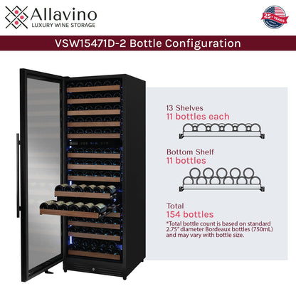 Allavino Reserva 154 Bottle 71" Tall Dual Zone Built-In Wine Refrigerator, Black Metal Door, Left Hinge