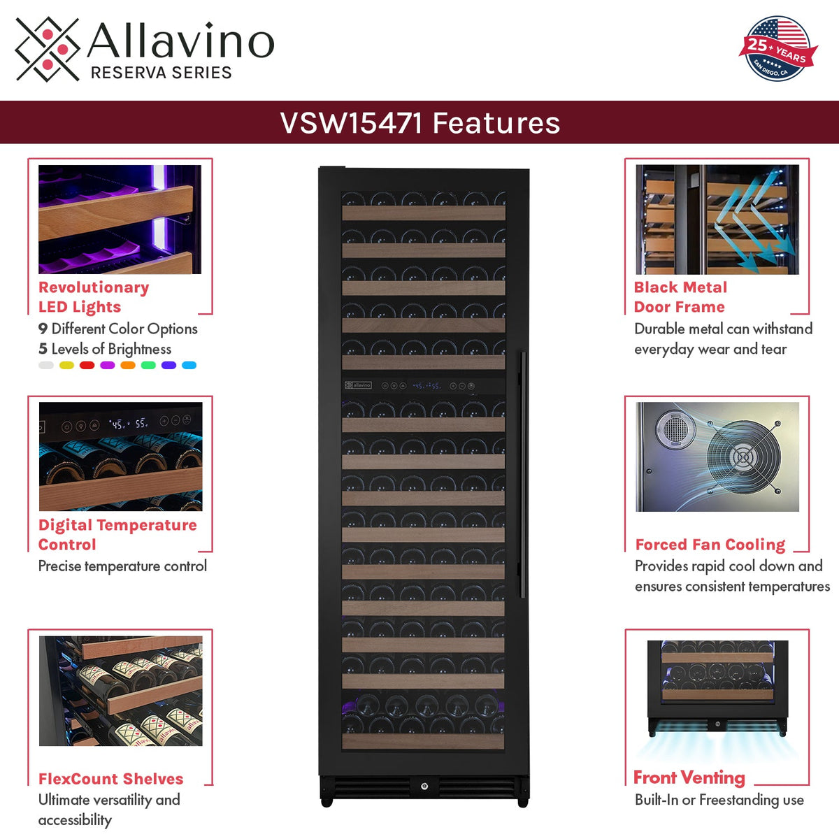Allavino Reserva 154 Bottle 71" Tall Dual Zone Built-In Wine Refrigerator, Black Metal Door, Left Hinge