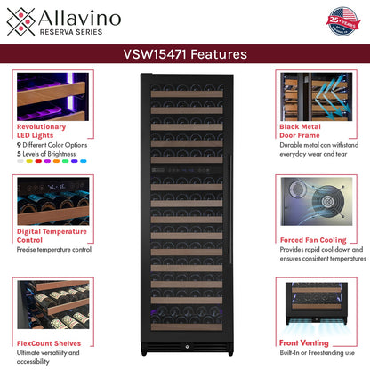 Allavino Reserva 154 Bottle 71" Tall Dual Zone Built-In Wine Refrigerator, Black Metal Door, Left Hinge