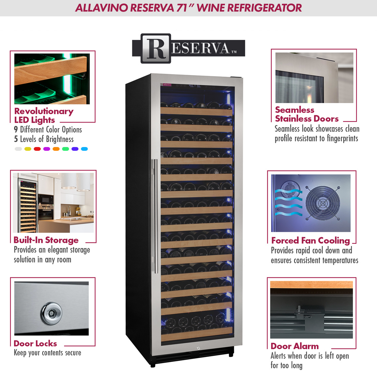 Allavino Reserva Series 163 Bottle 71" Tall Single Zone Right Hinge Stainless Steel Wine Cooler Refrigerator