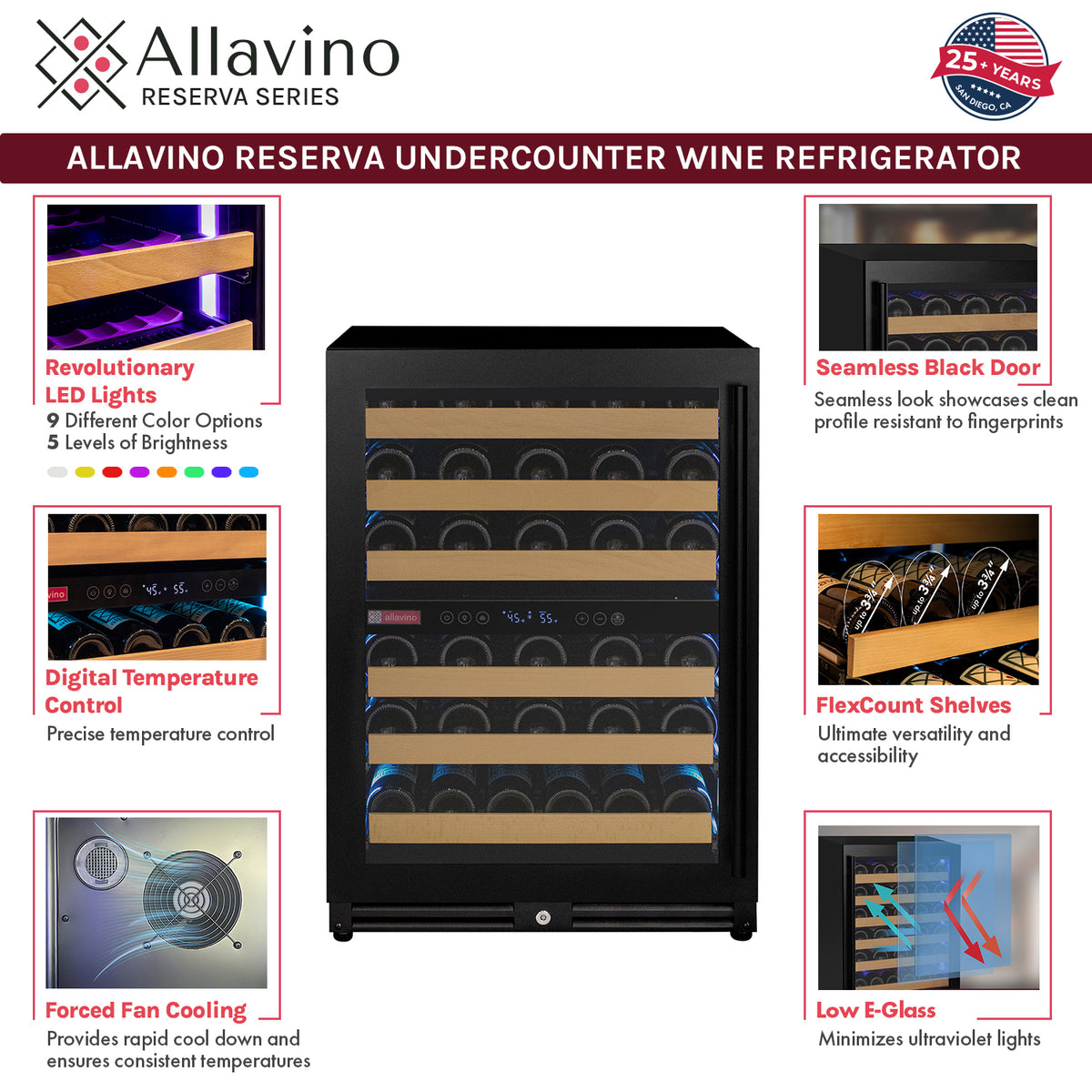 Allavino Reserva Series - 56 Bottle Dual Zone Built-in Luxury Wine Refrigerator with Black Door - Left Hinge