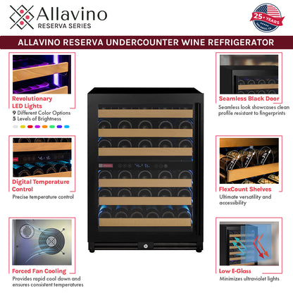 Allavino Reserva Series - 56 Bottle Dual Zone Built-in Luxury Wine Refrigerator with Black Door - Left Hinge