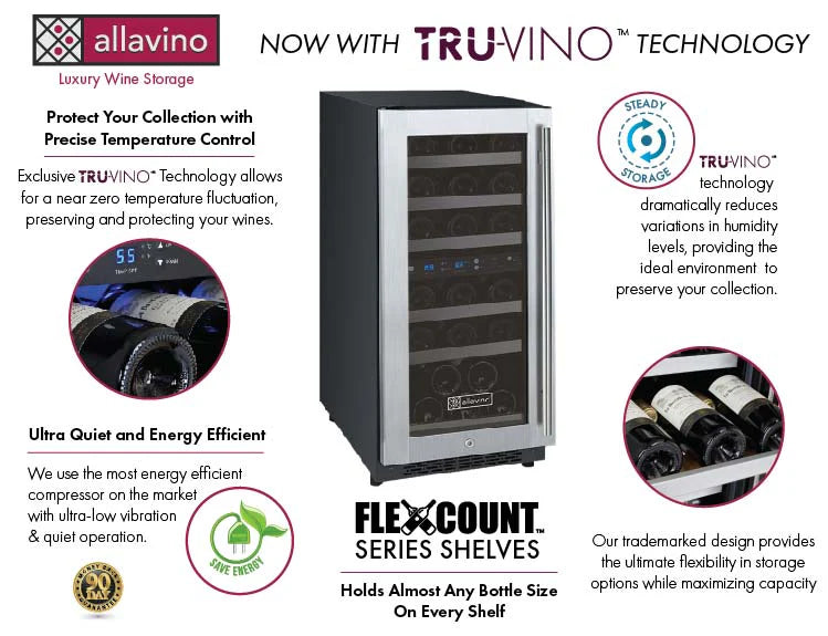 15" Wide FlexCount II Tru-Vino 30 Bottle Dual Zone Stainless Steel Left Hinge Wine Refrigerator