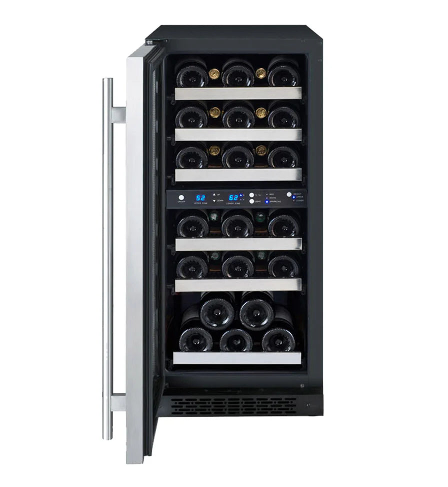 15" Wide FlexCount II Tru-Vino 30 Bottle Dual Zone Stainless Steel Left Hinge Wine Refrigerator