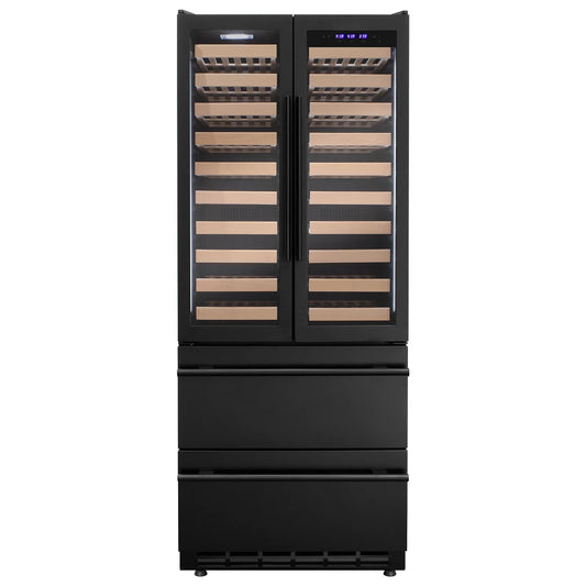 76.5" Tall Black French Doors Dual Zone Wine Refrigerator with Two Refrigerated Drawers