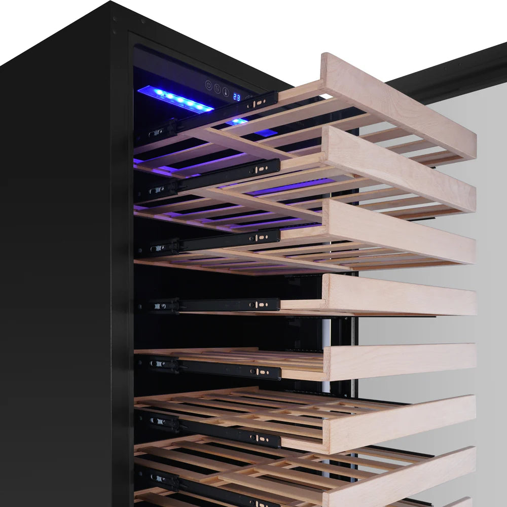 Tall Dual Zone Left Hinge Upright Wine Cooler with Low-E Black Glass & Silent Cooling